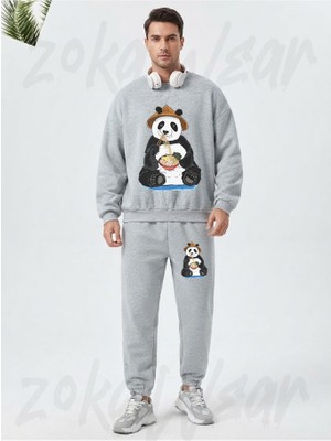 Zoka Wear Panda Eating Noodles Panda Lover Gift Baskılı Gri Eşofman Takımı