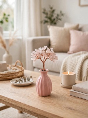 Mariposa Joyas Pembe Kuvars Tel Sarmalı Dekoratif Ağaç -Doğal Taş