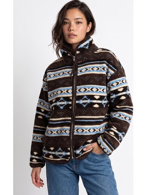 Mixray 4981 Kadın Kilim Motifli Mavi Cepli Yumuşak Dokulu Polar Sweatshirt
