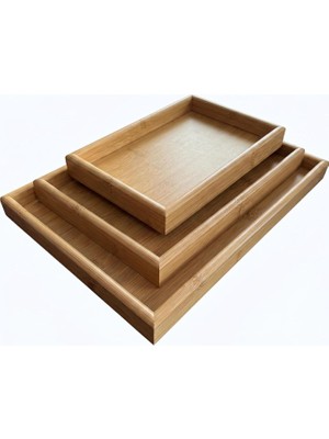 Zemira Doğal Bambu Sunum Tepsisi Seti, Iç Içe Geçebilir Dikdörtgen Servis Tepsisi, 3'lü Set, 40X30, 35X25,