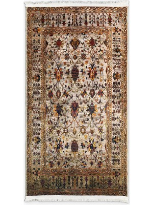 BLG Home Bej Vintage Halı Etnik Desen Saçaklı Bambu Kumaş Salon Halısı