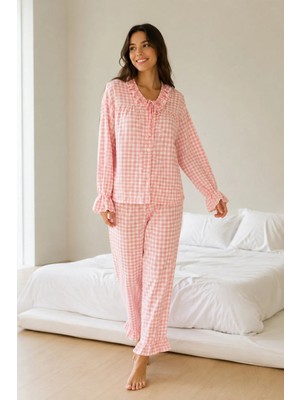 Bella Notte Pembe Beyaz Pötikare Fırfır Yaka Bağlama Detaylı Uzun Kollu Pijama Takımı