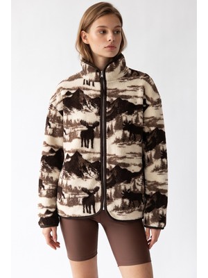Mixray 4981 Kadın Dağ Manzaralı Geyik Desenli Cepli Yumuşak Dokulu Polar Sweatshirt