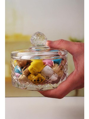 Zemira Deconox Lüx Kristal Kapaklı Cam Şekerlik & Cam Lokumluk, Kesme Cam Lüx Şekerlik 10CM*10.5CM - (4 Mo