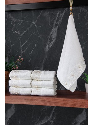 Zemira % 100 Pamuklu Kadife Güpürlü Inci Işlemeli 6 Lı Çeyizlik El Yüz Havlu Seti - 30X50 cm - 04466 - Bey
