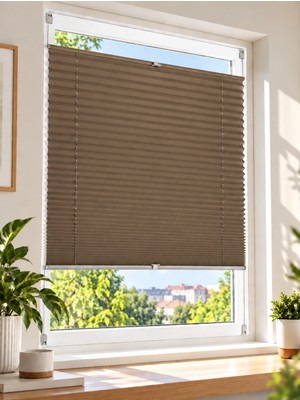 Hzm Collection Kahve Plise Katlanır Cam Balkon Perdesi - Ofis Perdesi - Mutfak Perdesi - Salon Perdesi -
