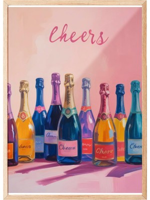 Zemira Zestia Ahşap Çerçeveli Tablo, Şampanya Şişeleri, Cheers Yazısı ile Pastel Arka Plan Poster No: 1075