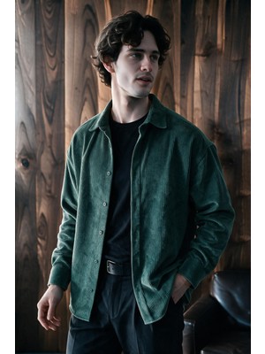Menofours Wear Maren Erkek Premium Kalite Oversize Kadife Uzun Kollu Gömlek Ceket Petrol Yeşili