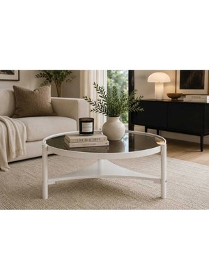 Klass Dekor Ceviz/ Meşe/ Beyaz/ Siyah Renk, Temperli Cam , Masif Doğal Ahşap Modern Iskandinav Tasarım Clover Salon Yuvarlak Orta Sehpası 100 x 46 cm