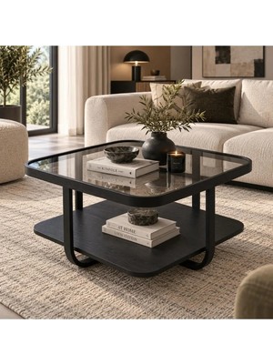 Klass Dekor Ceviz/ Meşe/ Beyaz/ Siyah Temperli Cam Masif Ahşap Balkon- Hol- Koridor- Mutfak- Salon- Ofis Bonello Camlı Orta Sehpa 80 x 80 cm
