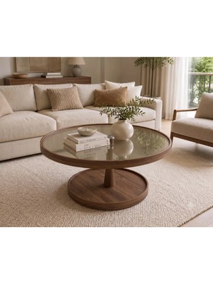 Klass Dekor Ceviz/ Meşe/ Beyaz/ Siyah Temperli Cam Masif Ahşap Balkon- Hol- Koridor- Mutfak- Salon- Ofis Yuvarlak Cosmos Orta Sehpa Çap 80 cm
