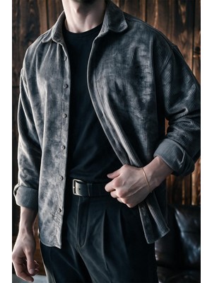 Menofours Wear Maren Erkek Premium Kalite Oversize Kadife Uzun Kollu Gömlek Ceket Antrasit