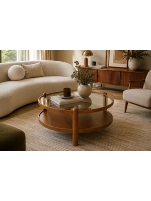 Klass Dekor Ceviz/ Meşe/ Beyaz/ Siyah Temperli Cam Masif Ahşap Balkon- Hol- Koridor- Mutfak- Salon- Ofis Golf Camlı Orta Sehpa Çap 60 cm