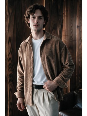 Menofours Wear Maren Erkek Premium Kalite Oversize Kadife Uzun Kollu Gömlek Ceket Mocha Vizon