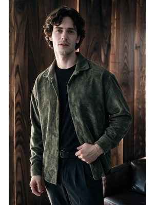 Menofours Wear Maren Erkek Premium Kalite Oversize Kadife Uzun Kollu Gömlek Ceket Haki