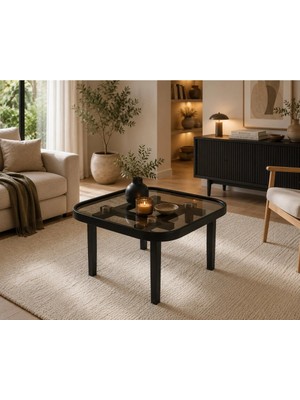 Klass Dekor Ceviz/ Meşe/ Beyaz/ Siyah Temperli Cam Masif Ahşap Balkon- Hol- Koridor- Mutfak- Salon- Ofis Kare Soft Yan Sehpa 60 x 60CM