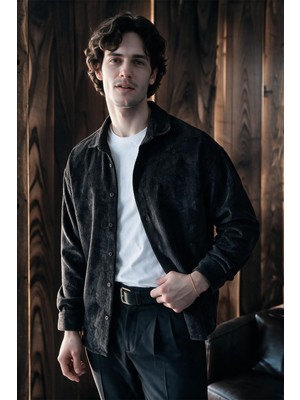 Menofours Wear Maren Erkek Premium Kalite Oversize Kadife Uzun Kollu Gömlek Ceket Siyah