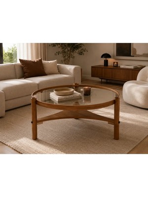 Klass Dekor Ceviz/ Meşe/ Beyaz/ Siyah Temperli Cam Masif Ahşap Balkon- Hol- Koridor- Mutfak- Salon- Ofis Yuvarlak Clover Yan Sehpa Çap 60 cm