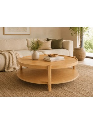 Klass Dekor Ceviz/ Meşe/ Siyah/ Beyaz Renk Masif Doğal Ahşap Iskandinav Tasarım Monza Salon Yuvarlak Orta Sehpası Çap 80 x 46 cm