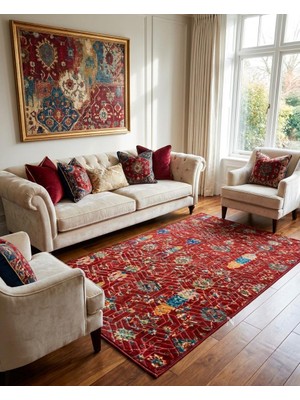 NarStore Home Dinar Otantik Kırmızı Yıkanabilir Kaymaz Taban Kesme Yolluk Salon Oturma Odası Halı