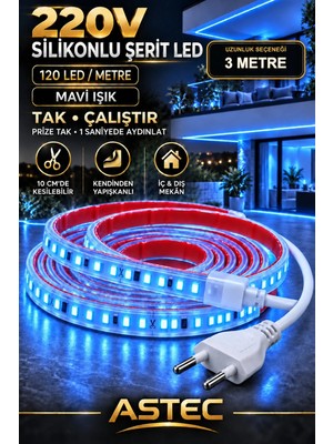 Astec Yapışkanlı 3 Metre Mavi 220V Silikonlu Şerit LED Yüksek Güç Tak Çalıştır Iç Dış Mekân Su Geçirmez