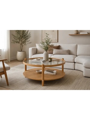 Klass Dekor Ceviz/ Meşe/ Siyah/ Beyaz Renk Temperli Cam Masif Doğal Ahşap Iskandinav Tasarım Monza Salon Yuvarlak Orta Sehpası Çap 80 x 46 cm
