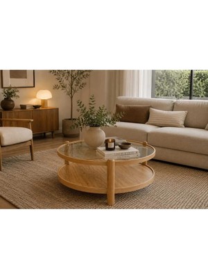 Klass Dekor Ceviz/ Meşe/ Beyaz/ Siyah Renk, Temperli Cam , Masif Doğal Ahşap Modern Iskandinav Tasarım Golf Salon Yuvarlak Orta Sehpası 100 x 48 cm