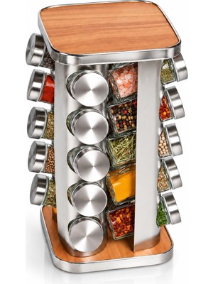 Zemira 20’li Ahşap Detaylı Döner Baharatlık Seti, Paslanmaz Çelik Gövde, Cam Kavanozlu 360° Döner Stand, K