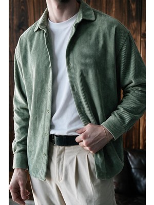 Menofours Wear Maren Erkek Premium Kalite Oversize Kadife Uzun Kollu Gömlek Ceket Açık Yeşil