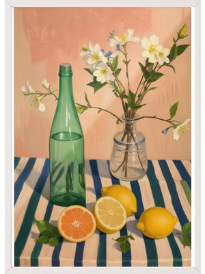Zemira Zestia Beyaz Çerçeveli Tablo, Cam Şişeler, Çiçek ve Limon Detayı, Pastel Arka Plan Poster No: 10751