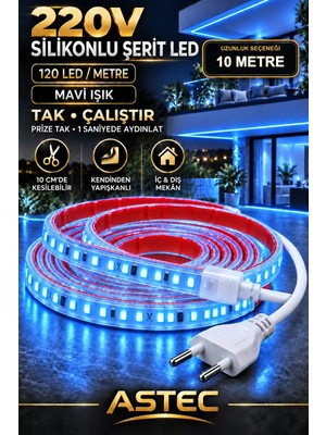 Astec Yapışkanlı 10 Metre Mavi 220V Silikonlu Şerit LED Yüksek Güç Tak Çalıştır Iç Dış Mekân Su Geçirmez