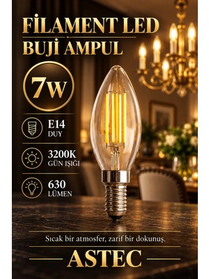 Astec E14 Filament Buji Ampul 7 Watt 3200K Gün Işığı Dekoratif Filament LED
