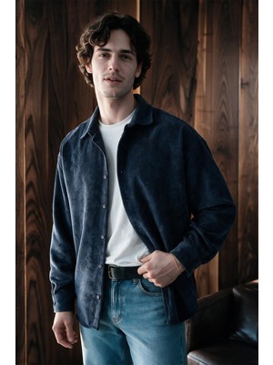 Menofours Wear Maren Erkek Premium Kalite Oversize Kadife Uzun Kollu Gömlek Ceket Lacivert