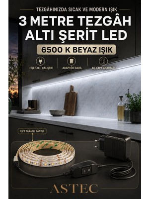 Astec Mutfak Dolabı Tezgah Üstü Için 3 Metre Beyaz 12V Adaptörlü Aç Kapa Anahtarlı Şerit LED Işık