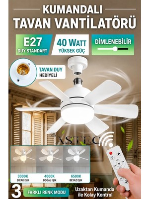 Astec Kumandalı Tavan Vantilatörü E27 Duylu LED Işıklı Sessiz Tavan Fanı 3 Kademeli Ayarlanabilir Hız