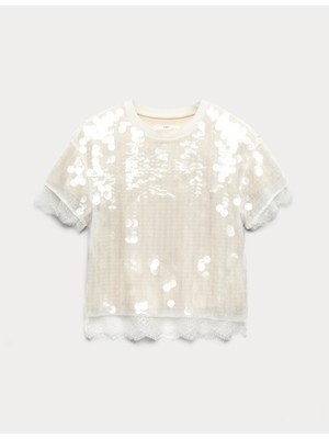 Marks & Spencer Payetli Tül Detaylı T-Shirt