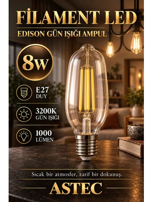 Astec E27 Edison Gün Işığı Ampul 8 Watt 3200K Gün Işığı Dekoratif Filament LED