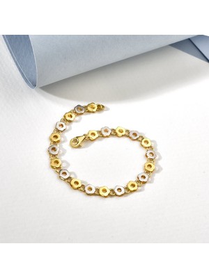 Nox Jewelry 14 Ayar Altın Kaplama 925 Ayar Gümüş Çift Renkli Minik Çiçek Papatya Desenli Zincir Bileklik - BP00113