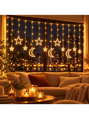 CoverZone 12'li Ay Yıldız Sarkıt Perde LED Işık 2,5 Metre Gün Işığı 8 Modlu Fişli Saçak LED Aydınlatma Pencere Balkon Ev Yılbaşı ve Parti Süsleme, AYLDZ02