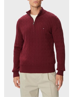 Tommy Hilfiger Örgü Desenli Pamuklu Yarım Fermuarlı Dik Yaka Kazak Erkek Kazak MW0MW36532 Vlp