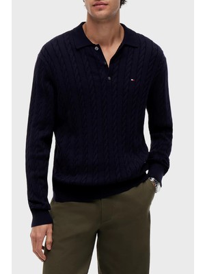 Tommy Hilfiger Örgü Desenli Triko Düğmeli Polo Yaka Kazak Erkek Kazak MW0MW41955 Dw5
