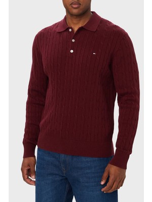 Tommy Hilfiger Örgü Desenli Triko Düğmeli Polo Yaka Kazak Erkek Kazak MW0MW41955 Vlp