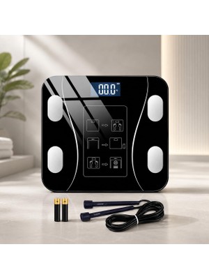 Poomy Akıllı Vücut Analizli Dijital Baskül, Bluetooth Okok Uygulama Bağlantılı, 180 kg Kapasiteli Cam Banyo Tartısı, LCD Ekranlı Hassas Kilo Tartısı, 2 Pil ve Atlama Ipi Hediyeli