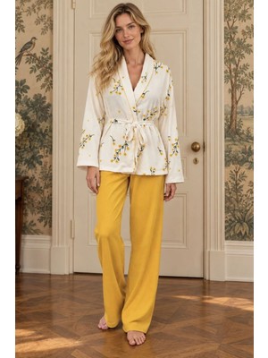 Bella Notte Çok Renkli Çiçek Desenli Kruvaze Yaka Kuşaklı Pijama Takımı