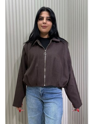 Swana Kadın Fermuar Kapamalı Astarlı Kaşe Bomber Ceket- Kahverengi