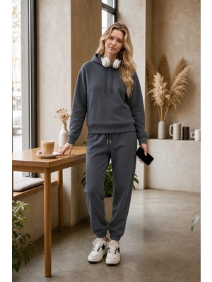 3 Iplık Kışlık Kesik Cepli Eşofman Takımı Sweatshirt Jogger - Rahat Kesim Şardonlu Kapüşonlu