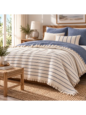 HB&Victory %100 Pamuk 6 Katlı Müslin Çizgili Yorgan Çift Kişilik Mavi Renk 240X260 cm
