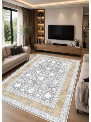 STY Home Gri Dijital Baskı Salon Halısı Kaymaz Tabanlı Yıkanabilir Halı Yolluk 1151