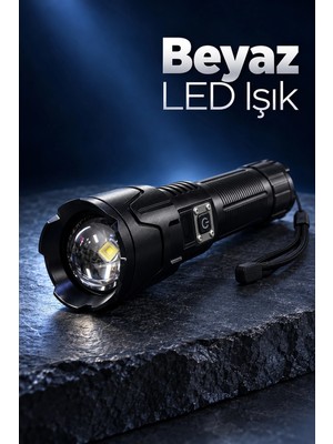Armüz Şarjlı LED El Feneri Zoomlu Type C Şarjlı Dijital Batarya Göstergeli
