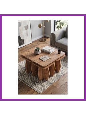 Salmore Orta Sehpa ve Zigon Sehpa 5'li Set Modern Çok Amaçlı Salon Oturma Odası Yan Sehpa 9248 Atlantik Çam Bty